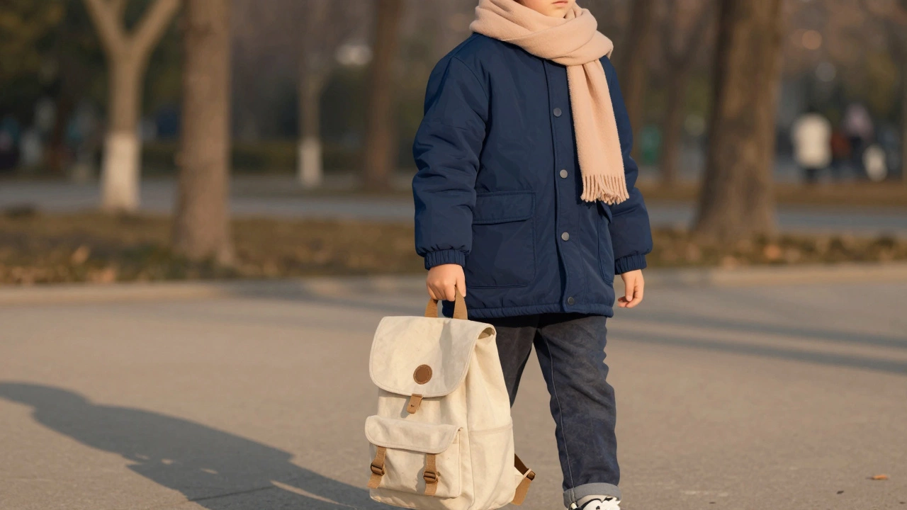 Ребёнок в глубокосиней куртке с песочно-розовым шарфом гуляет в парке.