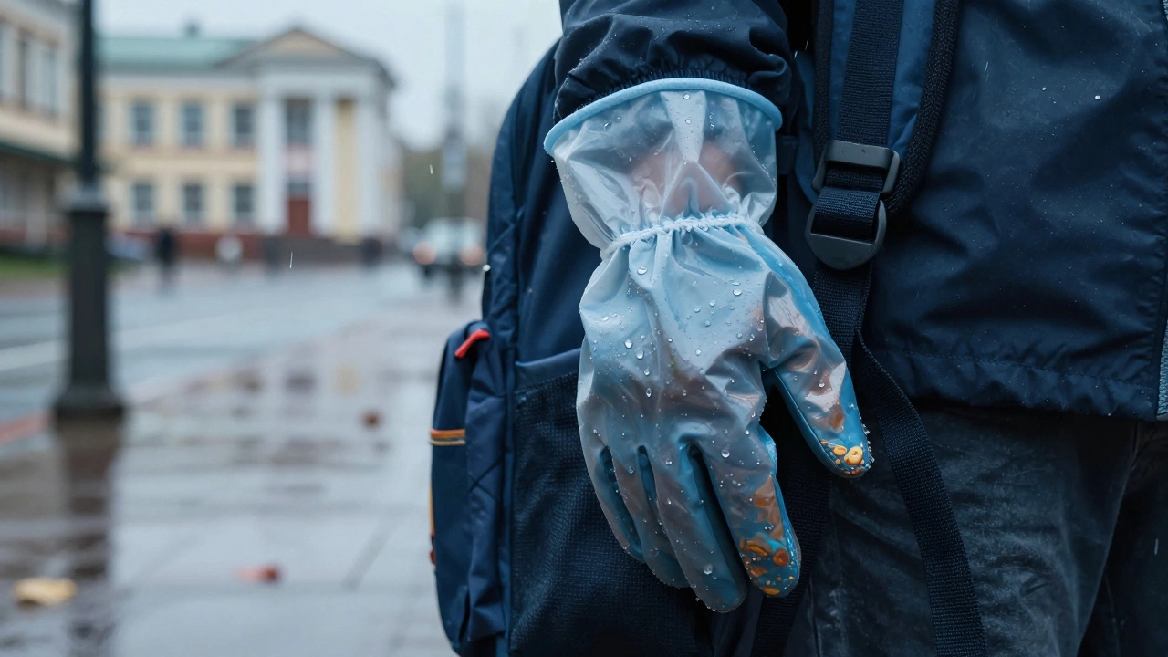 Рука ребёнка в водонепроницаемых перчатках с каплями дождя, фон — мокрая улица и школа в размытом свете.