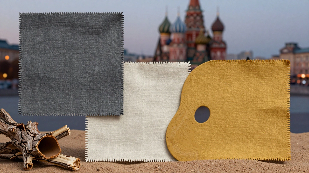 Текстурированные ткани в сером, молочном и горчичном оттенках на фоне городского пейзажа.