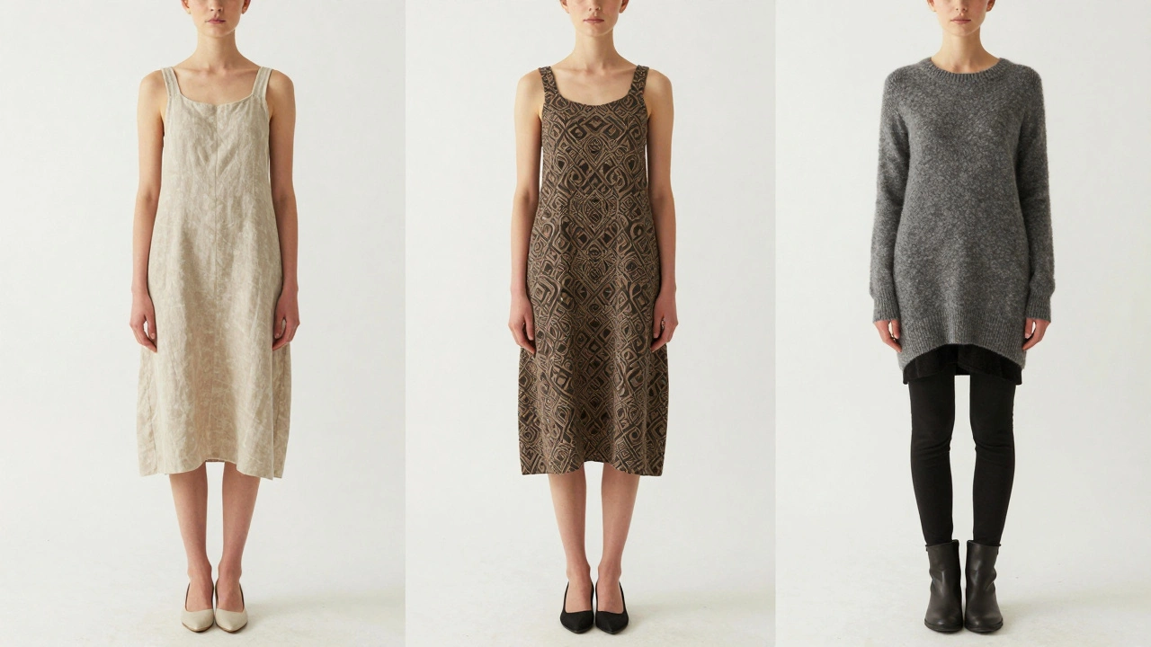 Три варианта сарафанов в разных сезонах: лён, жаккард и шерсть, на одной модели в минималистичной обстановке.