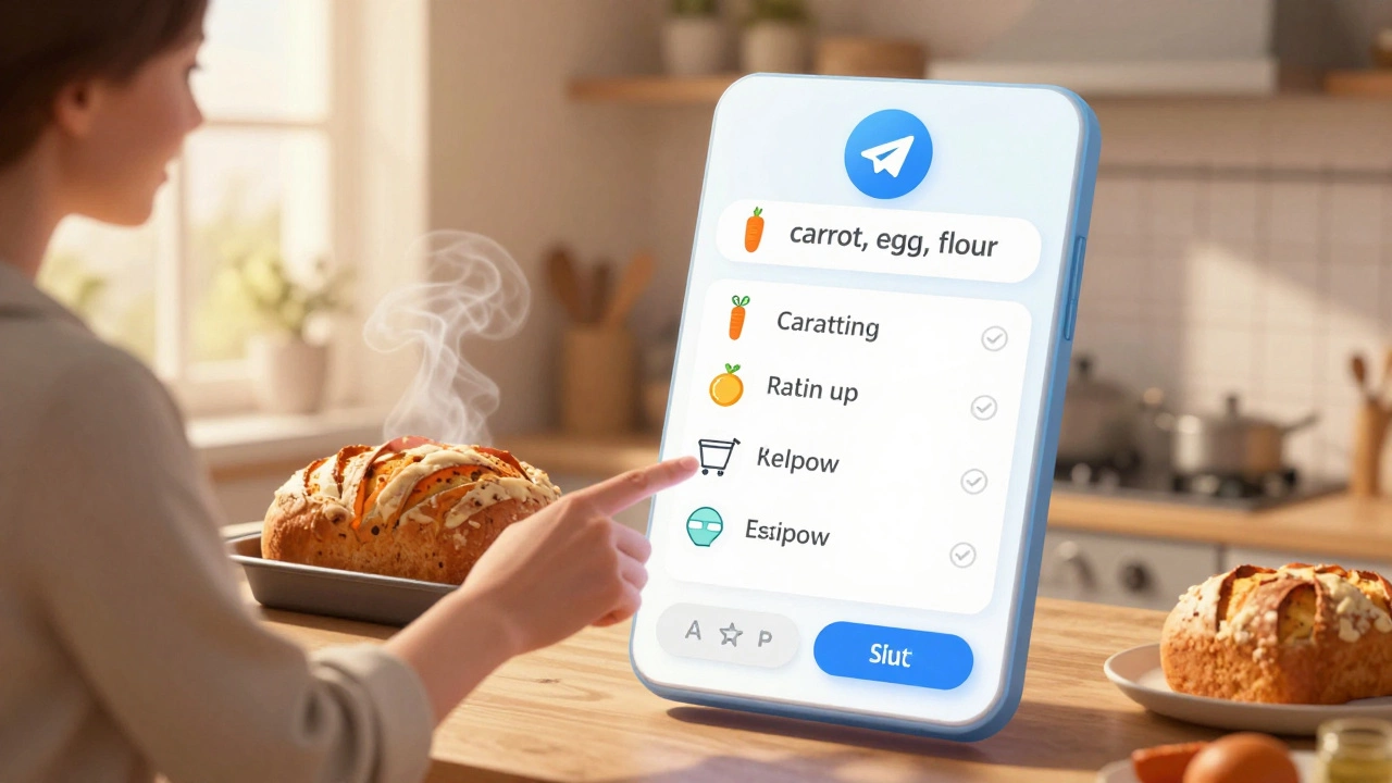 Женщина на кухне получает рецепт хлеба от бота в Telegram, ингредиенты автоматически добавляются в корзину, за ней — пекущийся хлеб.