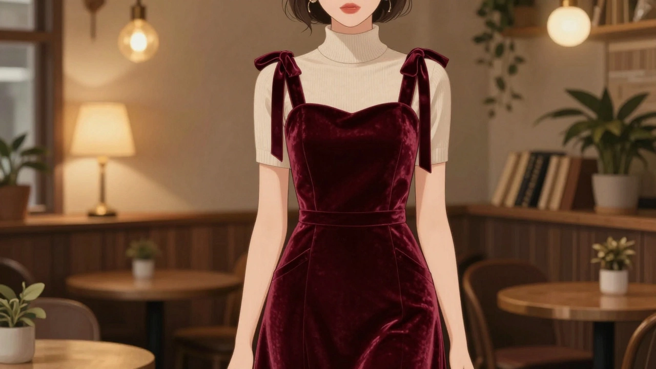 Женщина в бордовом вельветовом сарафане с широкими бретельками и карманами в уютном кафе.