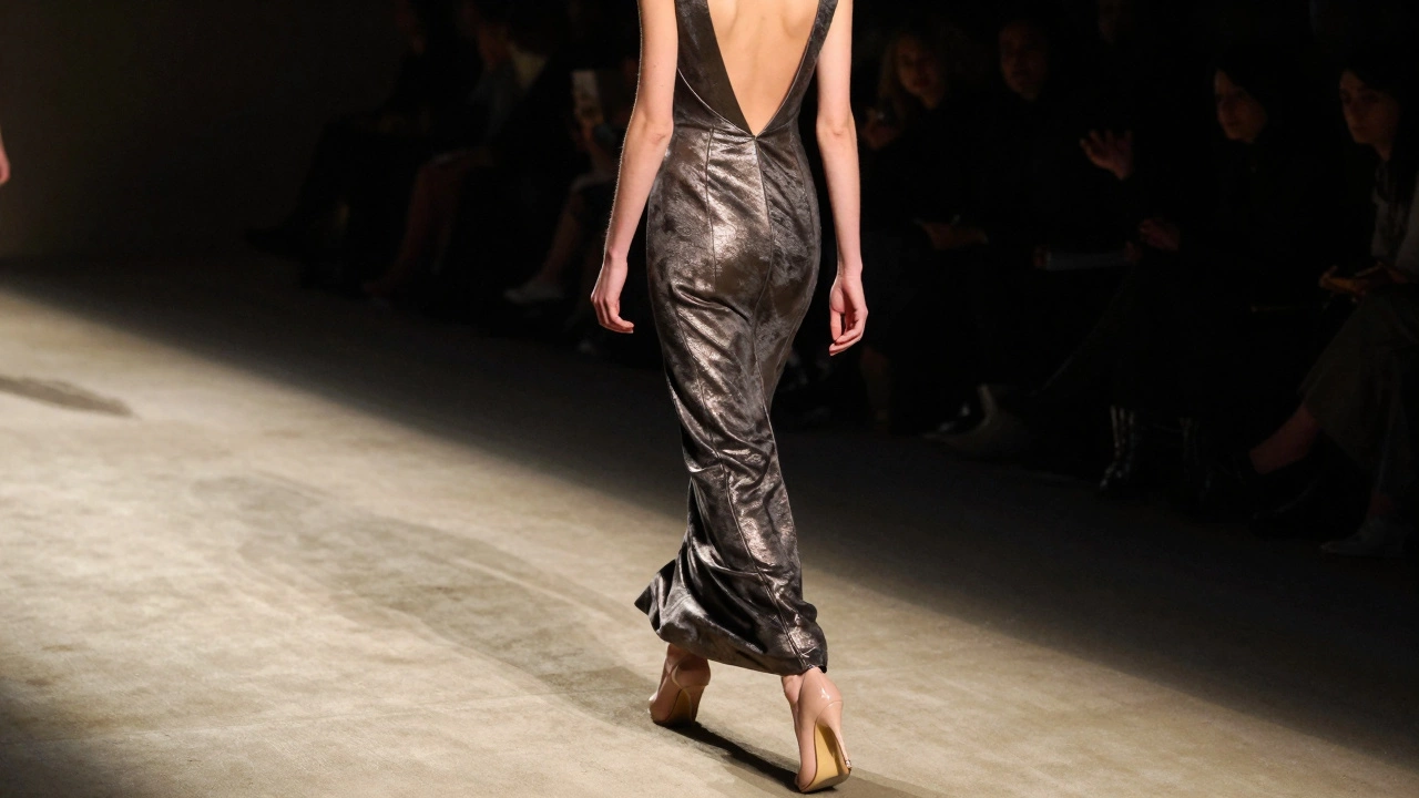 Женщина в длинном платье с вертикальными швами и туфлями в тон кожи, идущая по подиуму, эффект непрерывной линии.