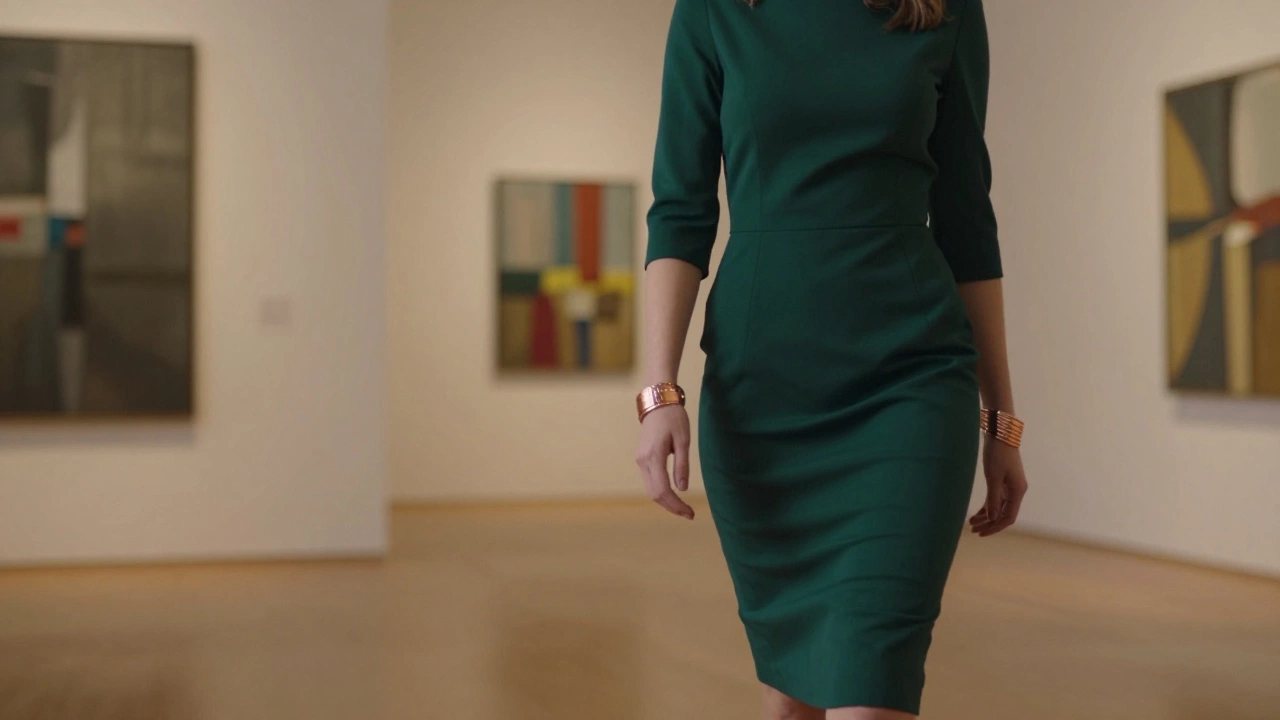 Женщина в темно-зеленом платье в галерее с медными браслетами