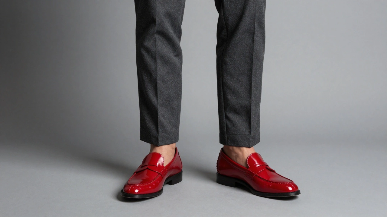 Ярко-красные лакированные лоферы в сочетании с серым деловым костюмом
