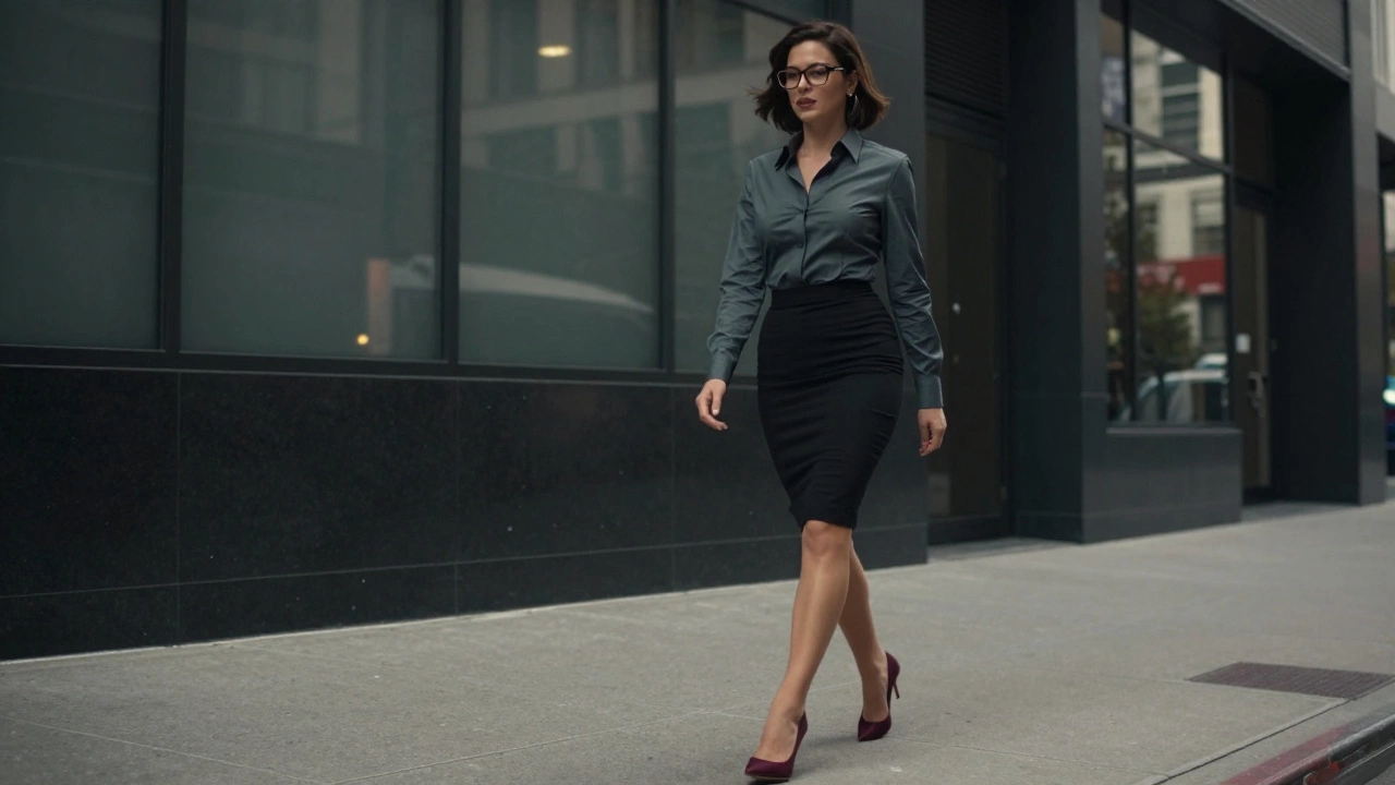 Девушка в стиле Office Siren в приталенной рубашке, юбке-карандаш и узких очках