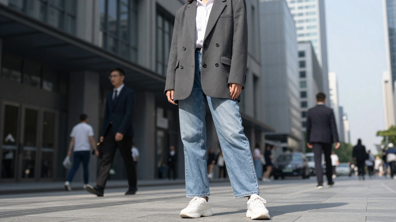 Девушка в стиле Officecore: объемный серый блейзер с джинсами на городской улице