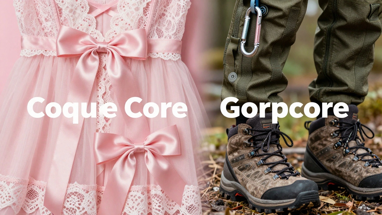 Коллаж, объединяющий женственные розовые банты и функциональную одежду Gorpcore
