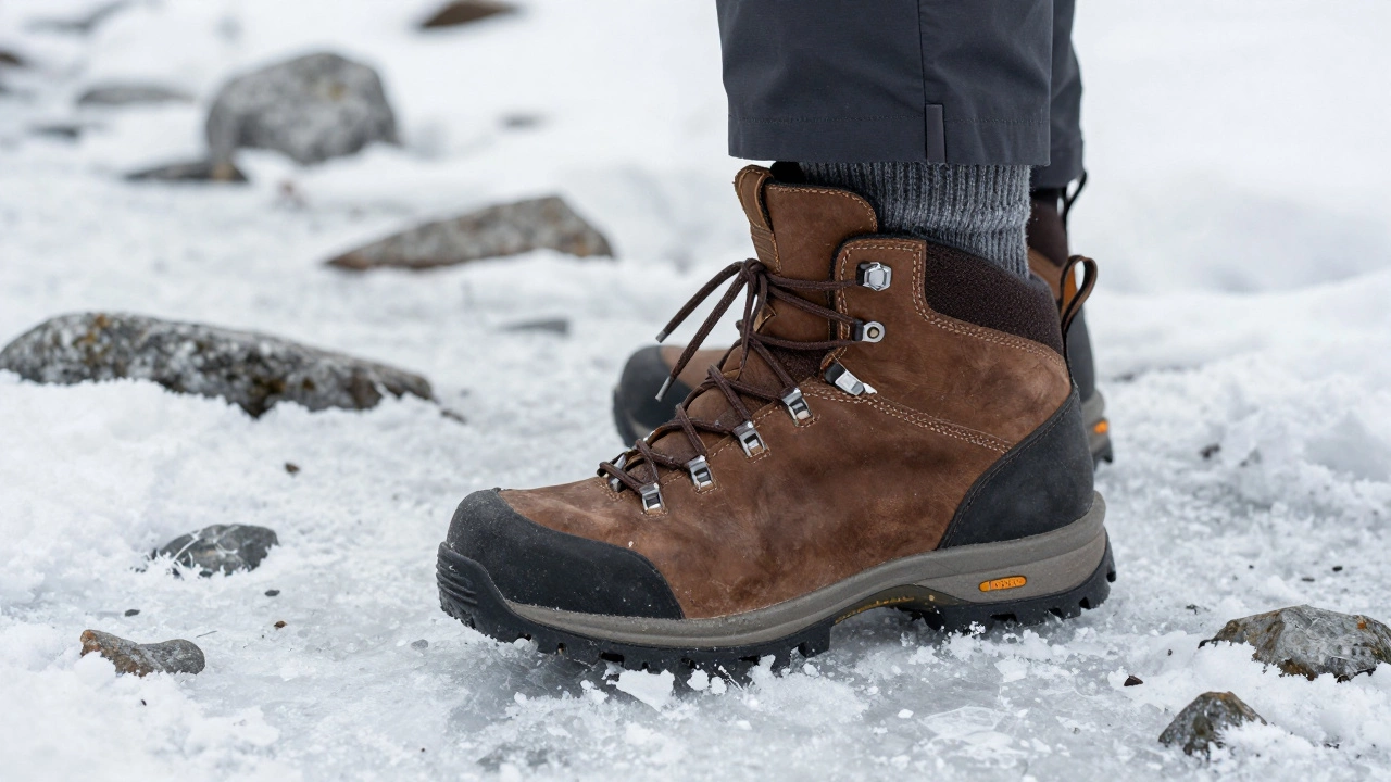 Крупный план треккингового ботинка и шерстяных носков на заснеженном камне