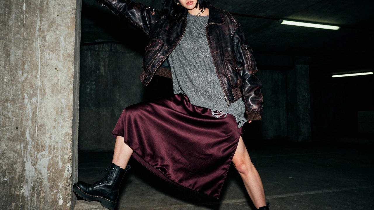 Модель в гранж-образе: рваный свитер, шелковая юбка и массивные ботинки в индустриальном интерьере