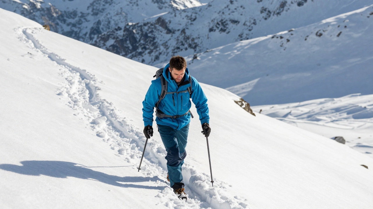 Мужчина в синей мембранной куртке и штанах идет по заснеженным горам