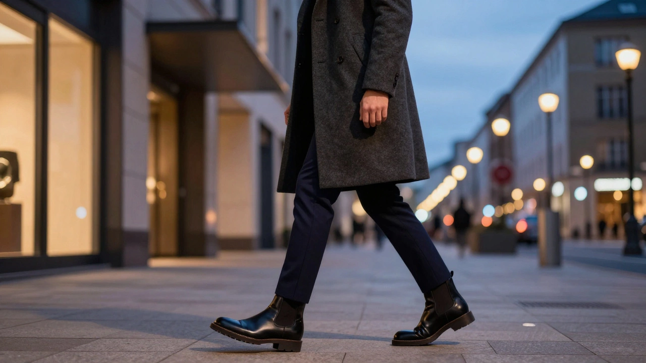 Мужчина в зимнем пальто и черных ботинках Челси на фоне вечернего города