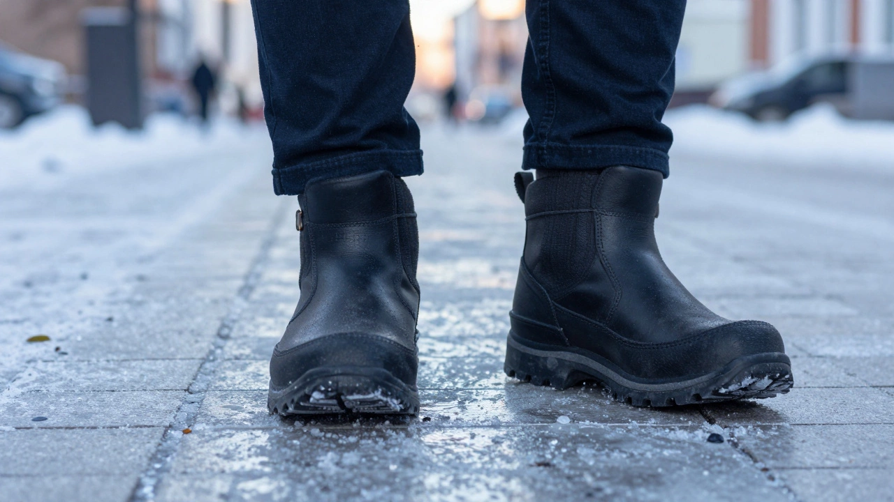 Мужские зимние ботинки с протектором ТЭП на обледенелом городском тротуаре
