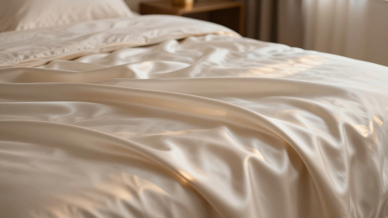 Роскошная постель с переливающимся шелковистым сатиновым бельем в теплом свете