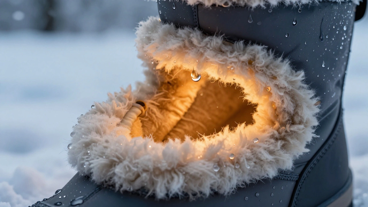 Схематичное изображение зимнего ботинка с плотным натуральным мехом внутри и водоотталкивающим слоем
