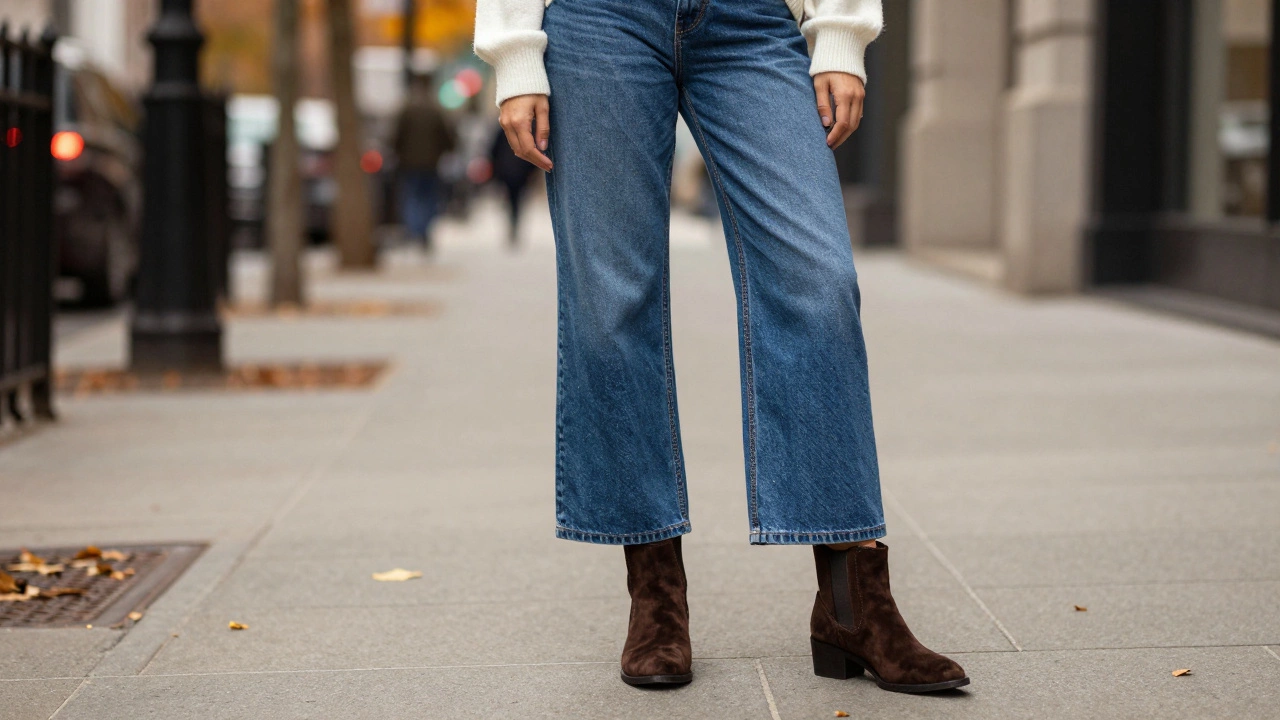 Шоколадные замшевые ботильоны с голубыми джинсами на городской улице