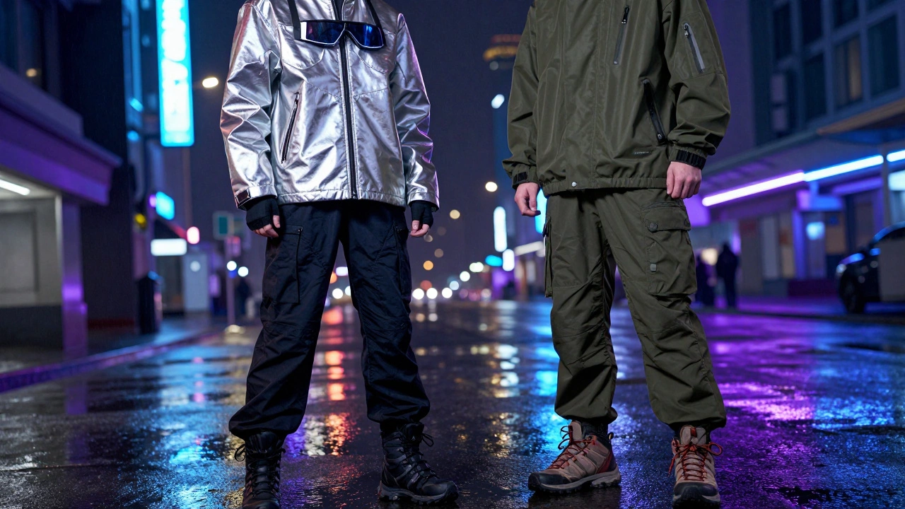 Сравнение стилей киберкор и горпкор на фоне ночного неонового города