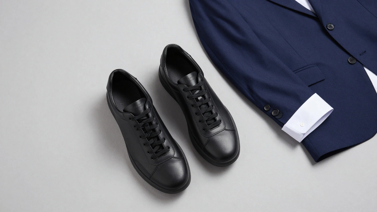 Минималистичные кроссовки рядом с деловым костюмом для образа smart-casual