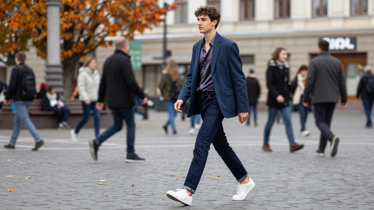 Модель в стиле smart casual с джинсами и пиджаком на городской улице
