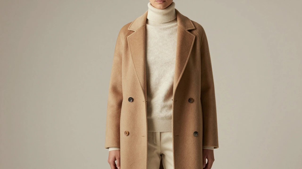 Quiet Luxury camel cashmere coat and cream turtleneck